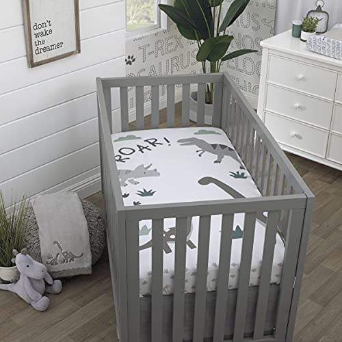 Image of NoJo Baby-Saurus Photo Op Roar White, Gray, and Green Dinosaur with Clouds Nursery Fitted Crib Sheet