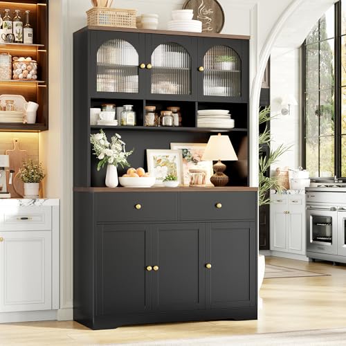 FINETONES 71\" Pantry Cabinet, Tall Kitchen Pantry Storage Cabinet with Microwave Stand, Modern Ktichen Hutch Food Pantry with Open Countertop and Adjustable Shelf for Kitchen, Dining Room