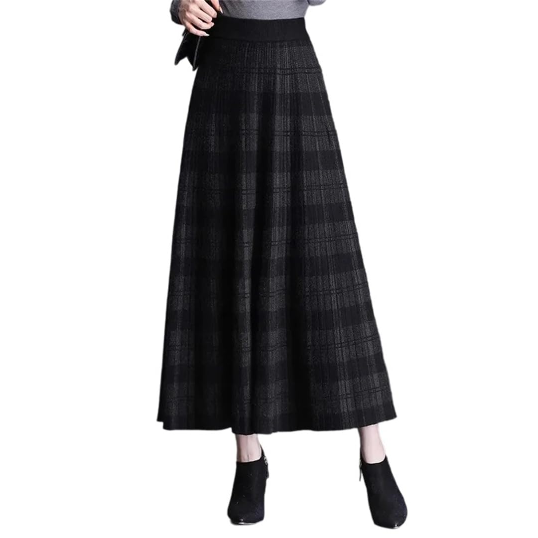 Falda midi de punto a cuadros para mujer, para otoño e invierno, falda midi acampanada