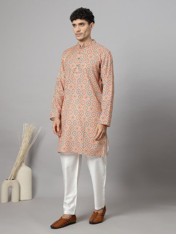 Image of Vastraa Fusion Men's Printed Kurta Pure Cotton Long Kurta, Round Collar, Full Sleeves, Button Kurta, Ethnic Wear