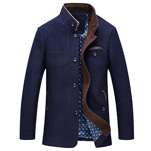 Guandoo Men's Wool Trench Coat Single Breasted Stand Collar Wool Blend Pea Coat