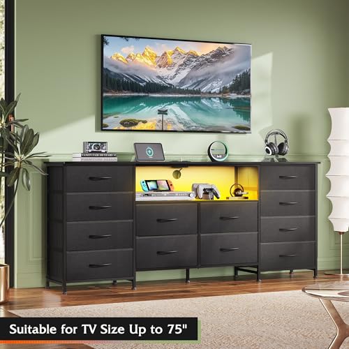 Image of WLIVE LED Dresser TV Stand for 75 Inch TV, 12 Drawers, Black