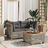 Homgoday Sofa Jardin Conjunto Jardin Sofa Jardin Exterior Sofás de Esquina jardín con Cojines 2 uds ratán sintético Gris Modelo with Carving Gris
