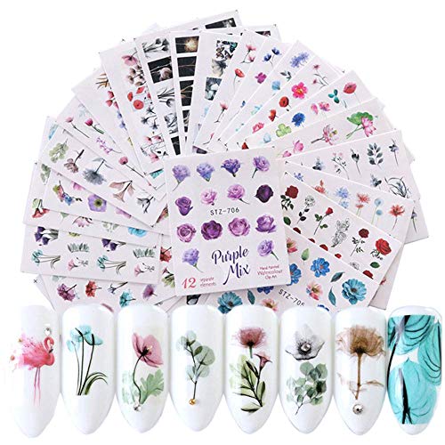 Nail Art Decals Stickers Nail Accessories Decorations for Women Girls   Watercolor Floral Flower Sticker Nail Decal Set Flamingo Letter Design Gel Manicure Decor Water Slider Foil 24 sheets
