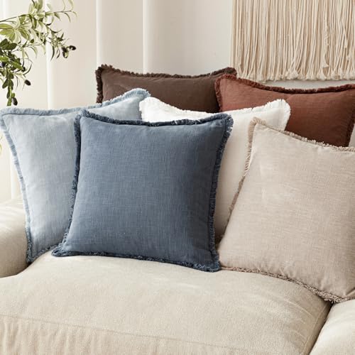 Image of Foindtower Decorative Linen Fringe Throw Pillow Covers Cozy Boho Farmhouse Cushion Cover with Tassels Soft Accent Pillowcase for Chair Sofa Bed Living Room Home Decor, 26x26 Inch,1PC,Sky Blue