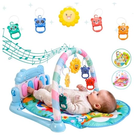 Tapete de Atividades Musical com Piano para Bebê, Arco de Brinquedos Interativos, Estampado e Cores Vibrantes (Azul)