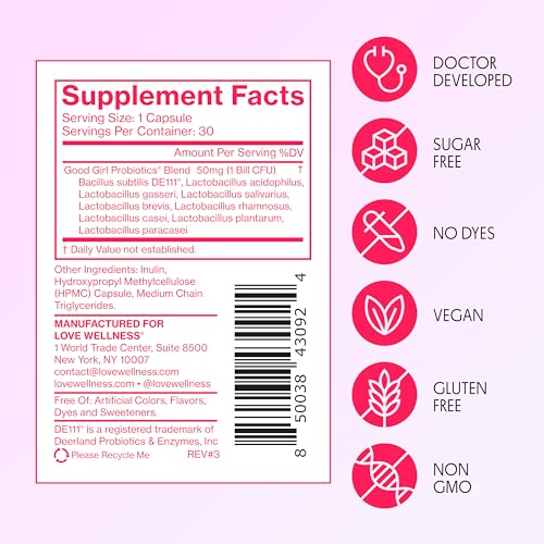 love wellness good girl probiotics  womens vaginal health amp ph balance supplement  9-strain probiotic for urinary tract yeast odor amp immune support  gluten-free  30 ct 30-day supply
