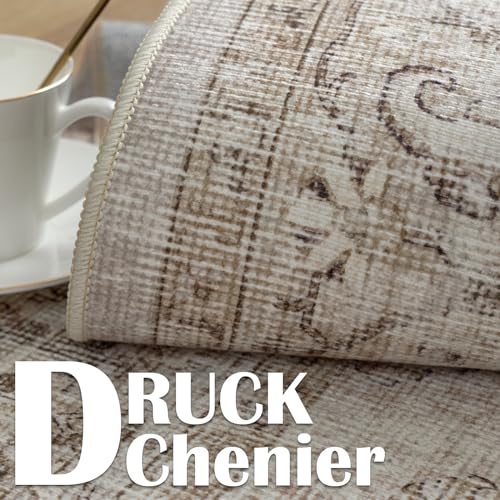 TOPICK Fußmatte Waschbar 60x90cm Braun Kurzflor Türmatte Vintage Innenbereich Faltbar Dünner Teppich Retro Distressed Multi Blumendruck Land Boho rutschfest Küche Schlafzimmer