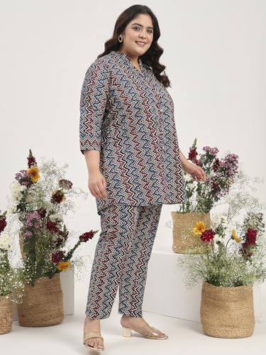 Image of Tissu Women's Plus Size Pure Cotton Grey Floral Tunic with Palazzo Co-ords