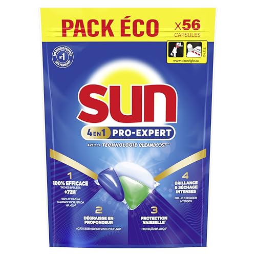 Sun - Pro Expert - Pastilles Lave Vaisselle - Action 4 en 1 - Regular - Elimine 100% des taches brûlées de +72h - dégraissent en Profondeur - 56 Capsules