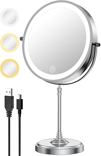 Espejo de maquillaje grande iluminado de 9 pulgadas, espejo de tocador de aumento recargable de 5000 mAh con 3 colores de luces regulables, 1x10x