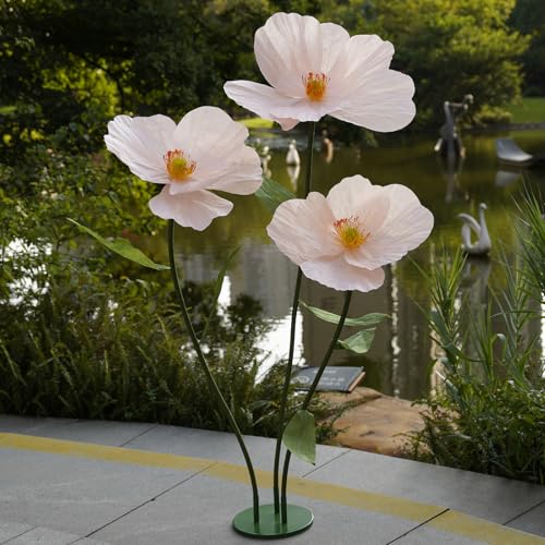 ZEYEXE Large Paper Artificial Flowers Giant Flowers for Decoration Huge Handcrafted Poppy Fake Flowers with Stand for Home Decor Bridal Shower Party Outdoors Yard Event Backdrop Decor (Champagne)