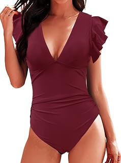 Rayson Women's One Piece Swimsuit V Neck Tummy Control Swimwear Ruffled Lace Up Monokini Low Back High Waisted Bathing Suit