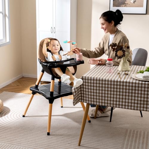 Image of GLACER High Chair, 6-in-1 Convertible Wooden High Chairs for Babies and Toddlers w /Building Block Table, 5-Point Safety Harness, Removable Tray, PU Cushioned Baby High Chair for 6-36 Months (Coffee)