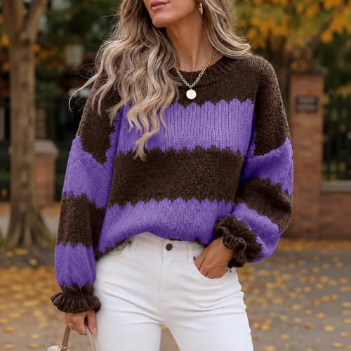 Striped Sweater Women Color Block Ruffle Long Sleeve Cute Fall Sweaters - image 2