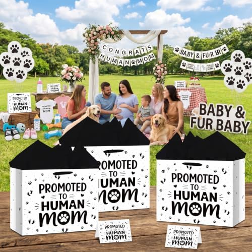 Hkshaoda Large New Mom Themed Baby Shower Gifts Bag with 3 Tissue Paper and Greeting Card Thick Black White Paper Promoted to Human Mom Pregnancy Reveal Party Supplies for Expecting Dog Mom Women — 사진 5
