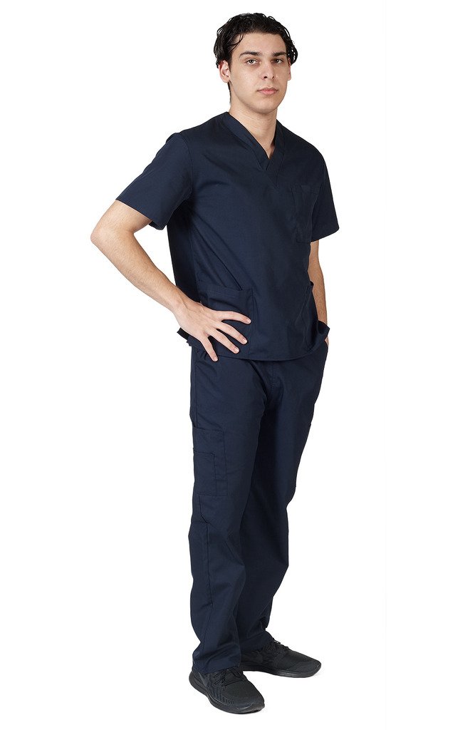 ACTIVE UNIFORMS Men Scrub Set Medical Scrub Top and Pants(Dark Navy Blue, Medium)