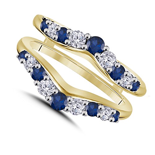 1/2 Ct CZ Simulated Diamond & Blue Sapphire Solitaire Ring Enhancer Guard Wrap 14K Yellow Gold Plated Alloy Women Jewelry