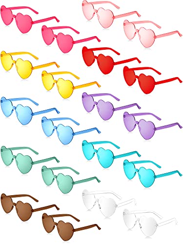 20 Pairs Heart Shaped Rimless Sunglasses Colorful Heart Sunglasses Transparent Heart Glasses For Women Girls Bachelorette Party, 10 Colors #TOP29