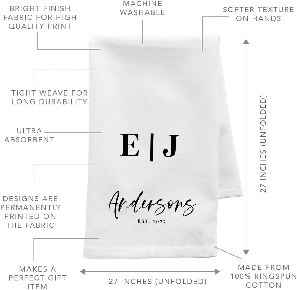 Andaz Press Personalized Kitchen Towel, Flour Sack Tea Towel, Couples Monogram Initials Last Name Custom Kitchen Gift, Wedding Housewarming for Couples, Bridal Shower Farmhouse