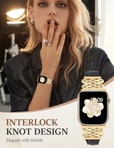 Image of Newlibery Leather Band for Women Slim Dressy Bands Compatible with Apple Watch 38mm 40mm 41mm 42mm 44mm 45mm 49mm, Designer Interlock Buckle Strap for iWatch Series 10 /9 /8 /7 /6 /5 /4 /3 /2 /1 /SE /Ultra