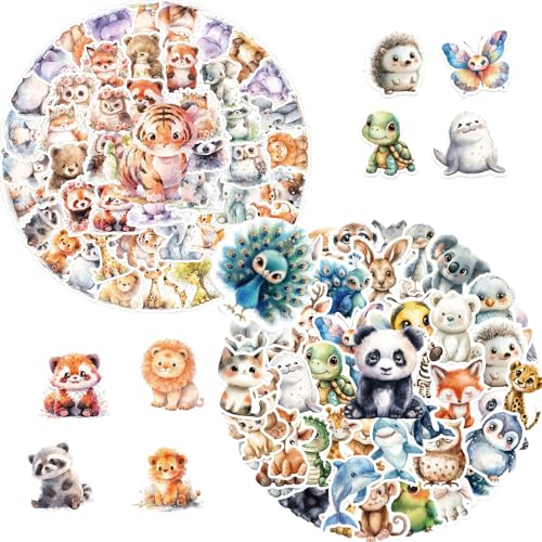 100 calcomanías de animales de acuarela, lindas jirafas, elefantes y zorros, calcomanías de vinilo impermeables para botellas de agua, diarios, portátiles (niños, adolescentes)