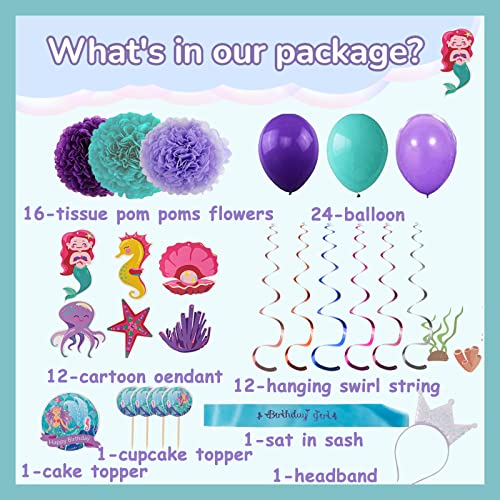 Mermaid Birthday Party Supplies Decorations Kit Favors - Serves 16 Guests -Tablecloth, Plates, Napkins, Cups, Spoons, Knives, Banner, Balloons, Gift For Girl's Kids Birthday Party And Baby Shower Decor -207 Pcs #TOP2