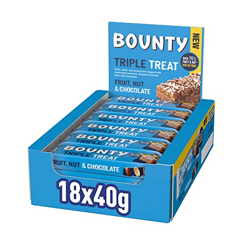 Bounty Triple Treat Fruit & Nut Chocolate Bars, Healthy Snacks, Bulk Chocolate, Milk Chocolate, 18 x 40g