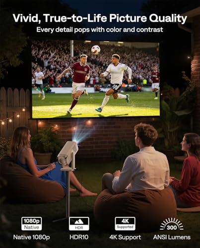 Image of Aurzen BOOM Air Google TV Portable Projector with WiFi and Bluetooth, USB-C Powered, Smart Projector for Outdoor & Home Movie, 4K Supported, Real-Time Focus, Dolby Audio, Adjustable Stand, Off-White
