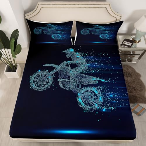 Boy Dirt Bike Fitted Sheet Queen Size, Motocross Rider Bedding Set Motorbike Sport Game Bed Set for Kids Teens Adult, Motorcycle Extreme Sport Bed Cover Bedroom Decor, Blue Tie Dye Fitted Sheet
