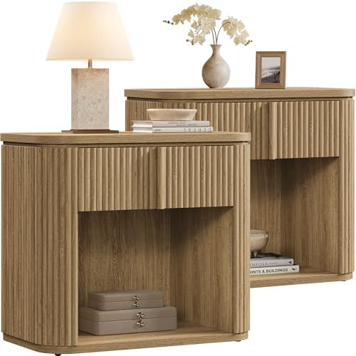 SICOTAS Modern Night Stand Set of 2, Fluted Large Nightstands Side Tables with Solid Wood Handle & Drawer, Bedside Table End Table with Storage for Bedroom, Sofa Couch, Office