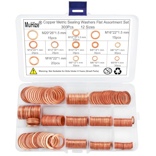 MuHize Copper Washers Kit 300PCS 12 Sizes - Metric M5 to M20 Sealing Washers with Rustproof & High-Temperature Resistance for Automotive Oil Pan, Hydraulic Fittings (Include All Flats)