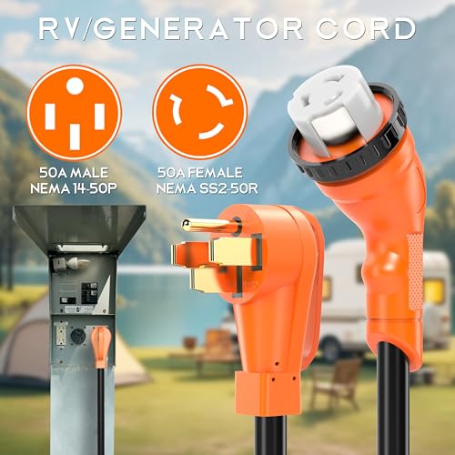 Image of 50 Amp 25 Feet RV /Generator Cord with 135 Designed Handle and Twist Locking Connector, Heavy Duty 6 /3+8 /1 Gauge STW Wire, 14-50P Male and SS2-50R Female for RV Camper and Generator to House