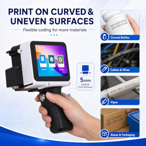 Handheld Tintenstrahldrucker, Handheld Drucker 12,7 mm Tintenstrahldruckmaschine für Barcode Datumsetiketten, Chargennummern, Unterstützt Mehrsprachige Materialien
