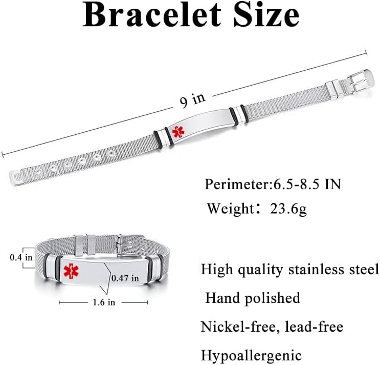 Medical Alert Bracelet for Women Men Medical Emergency Id bracelet Stainless Steel Personalized Adjustable 6.5-8.5 IN - Image 5