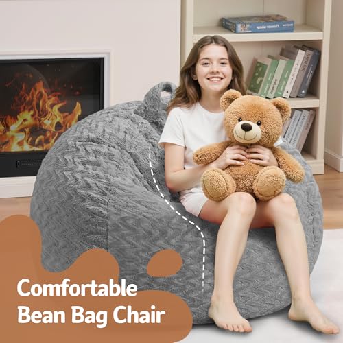 Image of 2FT Bean Bag Chair,Giant Bean Bag Chairs for Adults,Big Bean Bags with Memory Foam Filled, Large Beanbag Chairs with Chevron Plush Cover-Grey