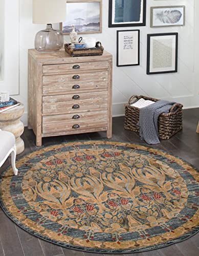 Image of Unique Loom Edinburgh Collection Area Rug - Canmore (4' 1 inch Round, Navy Blue / Tan)