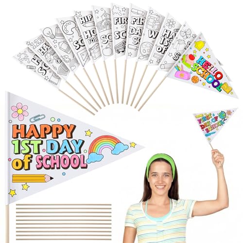 Image of 36 Packs First Day of School Flag Crafts Back to School Crafts Color Your Own Pennant Flag for Classroom Photo Prop Preschool Welcome Decor