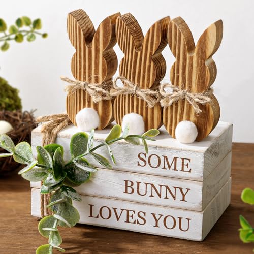 Treory Easter Decorations: 6PCs Rustic Easter Wooden Bunny Book Stack Table Signs, Natural Wood Rabbits White Distressed Decorative Books, Farmhouse Easter Decor Tiered Tray Décor for Easter Gifts