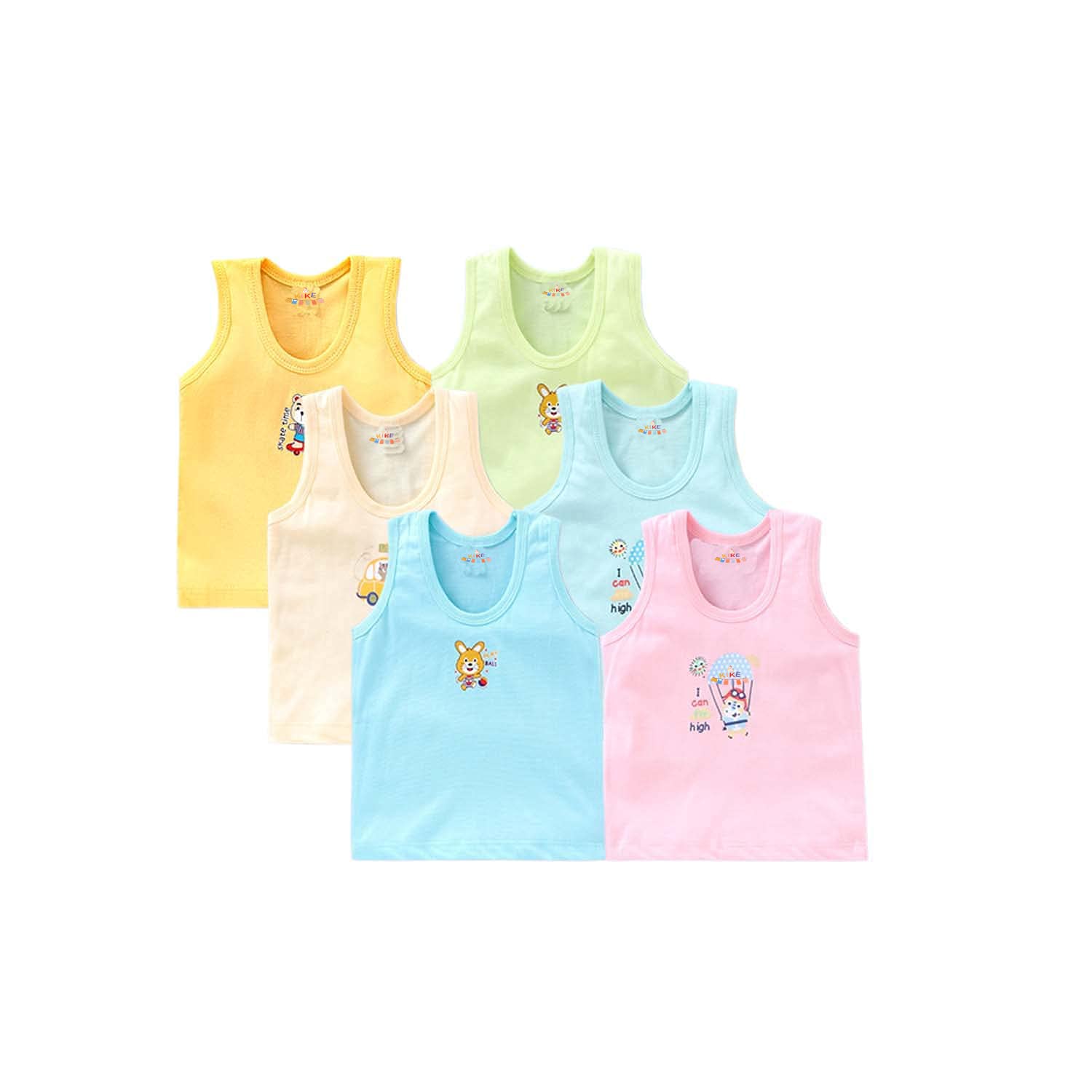 VIDHIKA New Born Boys Girls Soft Cotton Regular Fit Coloured Cotton Printed Sleeveless Baniyan Kids Sando Vest Innerwear for Boys Pack of 6 (lighty Vest, 6-12 Months) 4
