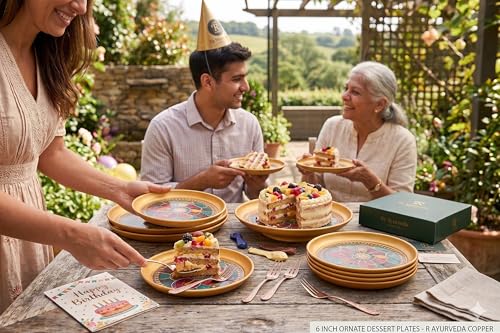 Image of R Ayurveda Copper Metal Set of 4 Ornate Dessert Serving Plates - 6 Inch Decorative Enamel & Gold Foiled Finish Trays - Perfect for Indian Sweets, Macarons, Festivals & Family Parties