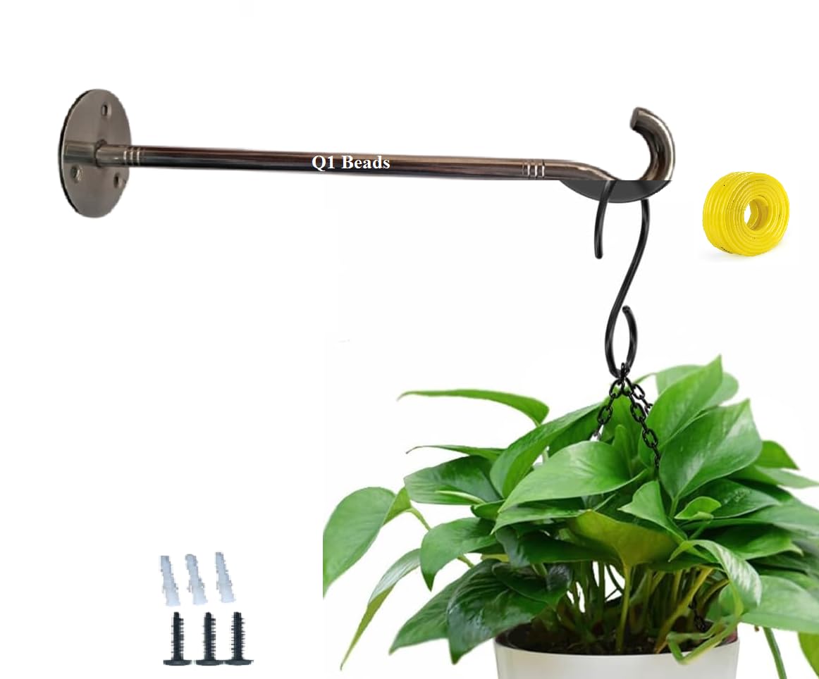Q1 Beads 1 Pack Stainless Steel Plant Hanger/Hose Pipe Hanger Holder Made in 9 mm SS Rod Heavy Duty Wall Mount Wall Hanger Watering Irrigation Hose Holder (Chrome)