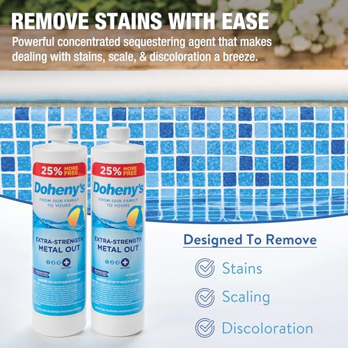 Image of Doheny's Extra-Strength Metal Out Pool Treatment | Professional-Grade, Highly Concentrated Formula | Reduces Staining, Scaling & Discoloration | Dosage View Stripe | 40 Oz. Bottle