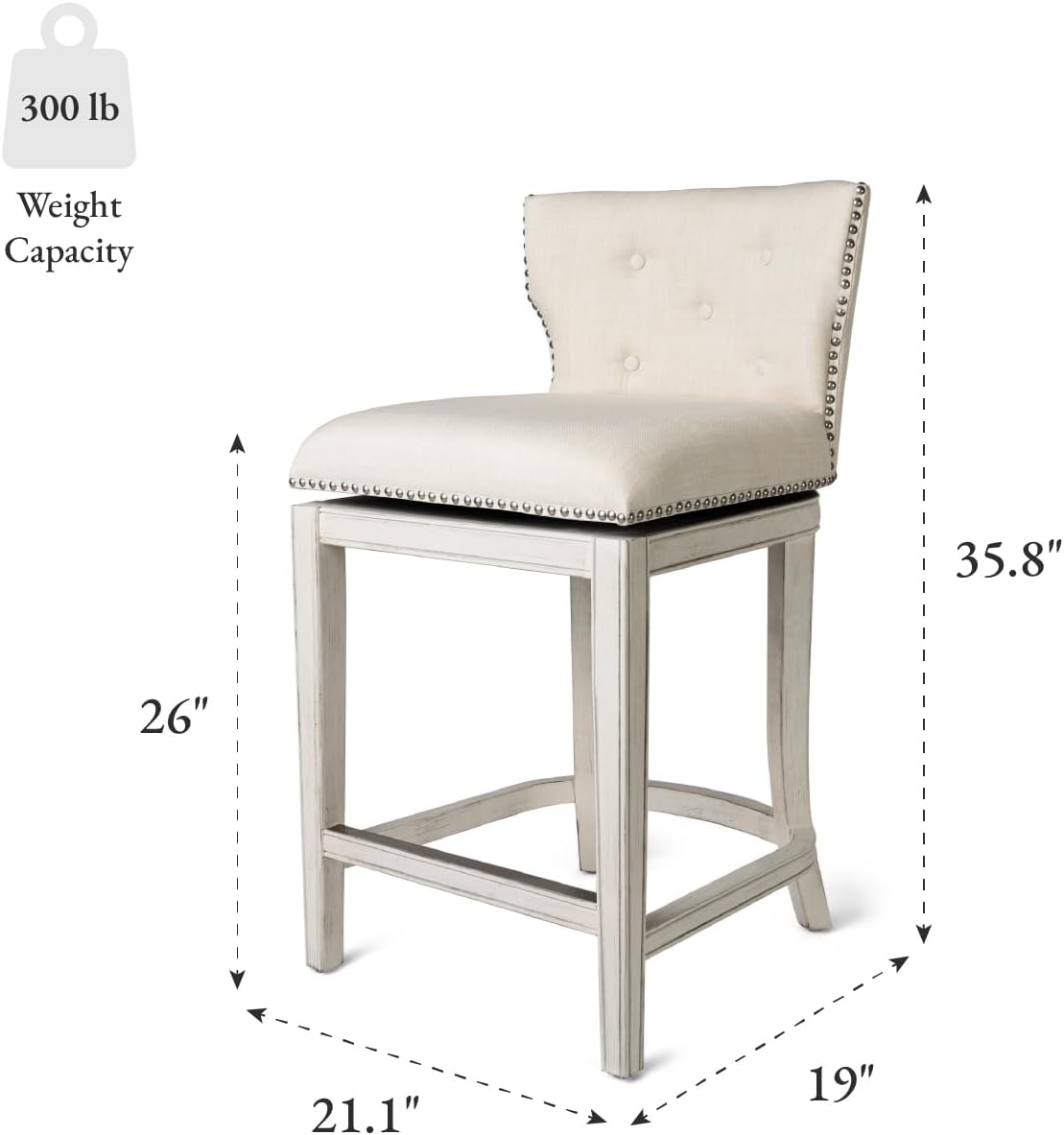 Maven Lane Hugo 26 Inch High Counter Height Barstool with Low Back in White Oak Finish with Natural Color Fabric Upholstered Seat