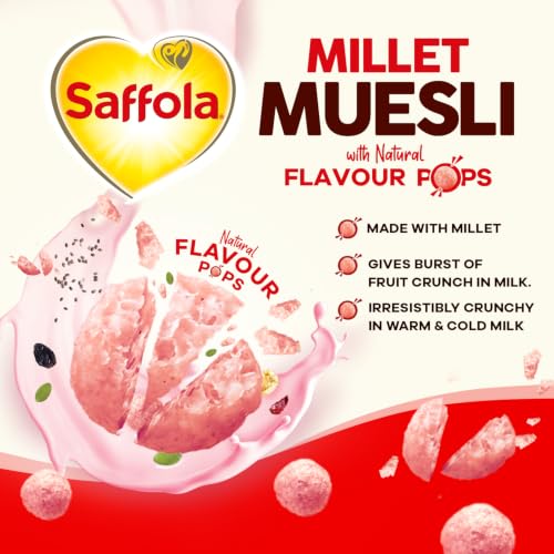 Image of Saffola Millet Muesli with Crunchy Flavour Pops & High Fibre | 650g | Fruit Crunch | 81% Fruits, Seeds & More | Power of Millet | Goodness of 5: Protein, Fibre, Vitamins, Iron & Jowar