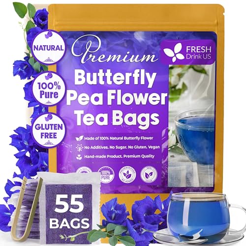 Image of FreshDrinkUS, Premium 55 Blue Butterfly Pea Flowers Tea Bags, 100% Natural and Pure from Butterfly Pea Flowers, Made With Natural Material Tea Bag, No Sugar, No Caffeine, No Gluten, Vegan