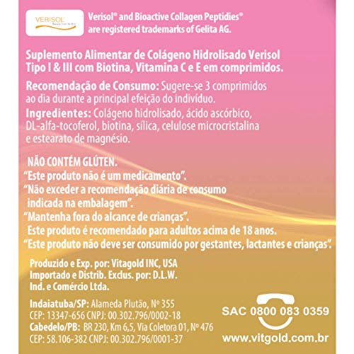 Colágeno Verisol com Biotina, Vitamina C e E Vitgold 90 comprimidos