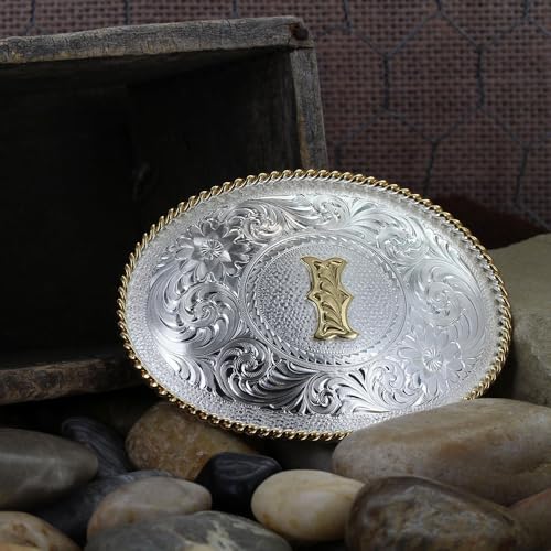 Image of Montana Silversmiths Initial Engraved Gold Trim Western Belt Buckle
