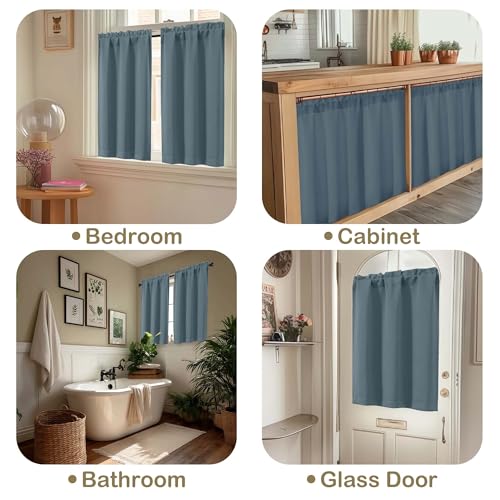 Image of Stone Blue Blackout Curtains for Small Window Treatment, Light Blocking Short Kitchen Window Curtains Over Sink, Dual Rod Pocket Half Window Tiers for Bathroom Basement, Each 40 inch Wx36 L, 2 PCS