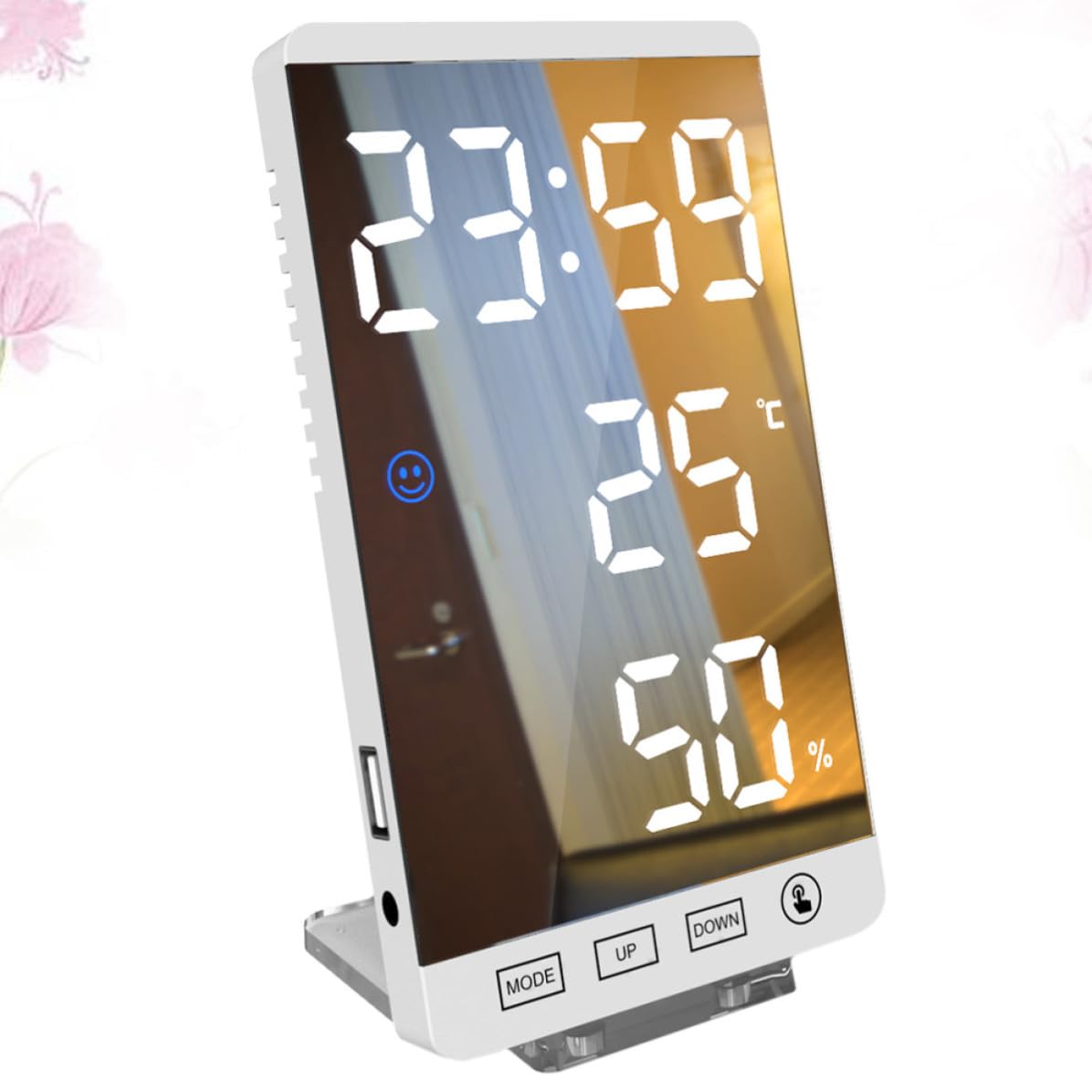 Toddmomy Orologio Digitale LED Bianco con Specchio e Display Ore | Ricarica Usb, Termometro e Igrometro Integrati, Plastica e Acrilico, Stile Semplice per Ogni Ambiente